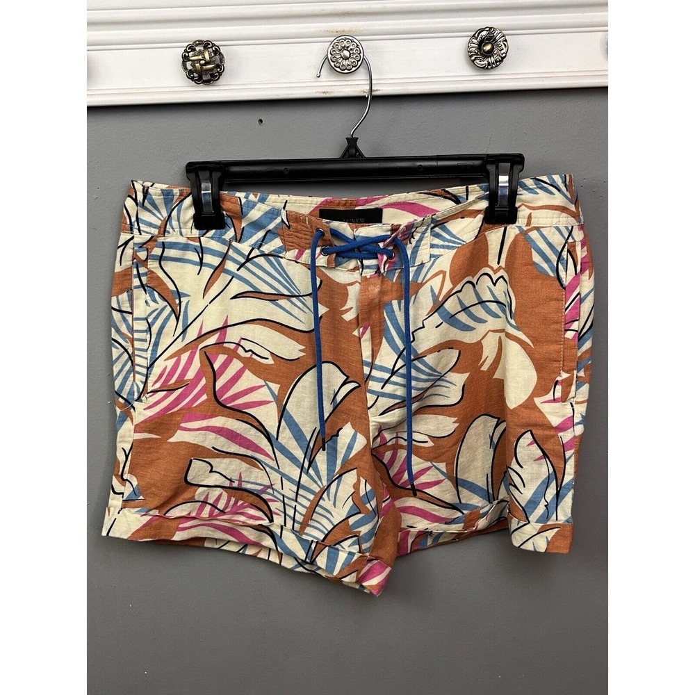 J.Crew Shorts Womens 8 Multicolor Tropical Palm Leaf Linen Blend Lace Up‎ Front